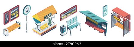 Isometric public transport station. Terminal with seats for trolleybuses and trams, station construction for city transport vehicles. Vector set of transport isometric public station illustration Stock Vector