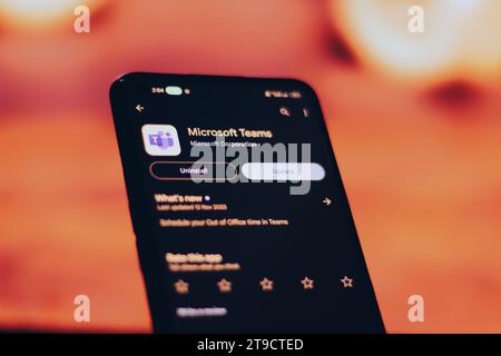 Microsoft teams Update has arrived on google play store is visible on the mobile screen. Stock Photo