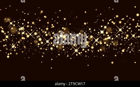 Shining gold sparkles. The glitter of golden dust in the rays of light. Abstract festive background in dark brown color. Stock Vector