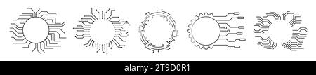 Tech circular cpu chip frame. Digital ai deep learning futuristic circle border. Stock Vector