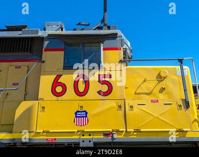 The cab of Union Pacific locomotive 605 parked at the railyard in Oakridge, Oregon, USA Stock Photo