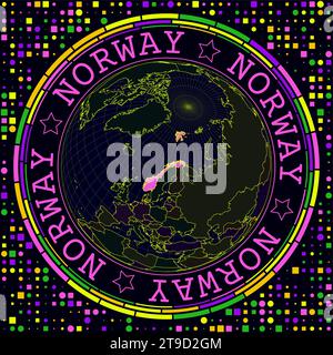 Futuristic Norway on globe. Bright neon satelite view of the world centered to Norway. Geographical illustration with shape of country and geometric b Stock Vector