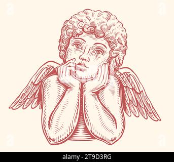 Pensive cute angel child. Cute baby with wings. Hand drawn sketch vintage vector illustration Stock Vector