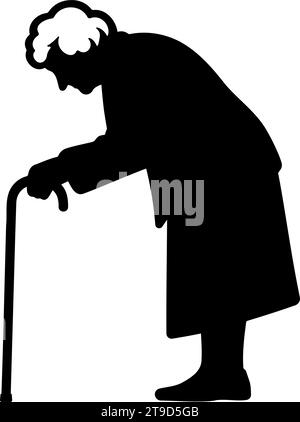 Elderly woman with cane silhouette. Vector illustration Stock Vector