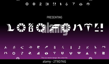 Modern Abstract Logo Font Design for English Alphabet with Letters and Numbers Over a Purple Background Stock Vector