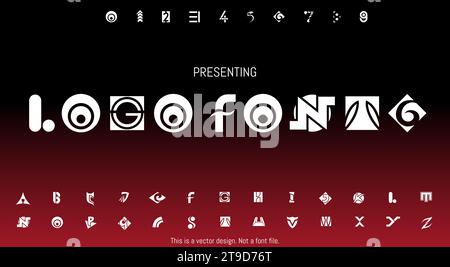 Modern Abstract Logo Font Design for English Alphabet with Letters and Numbers Over a Dark Red Background Stock Vector