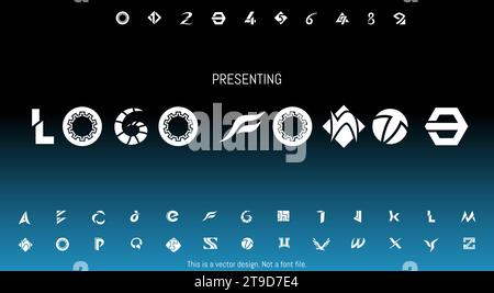 Modern Abstract Logo Font Design for English Alphabet with Letters and Numbers Over a Blue Background Stock Vector