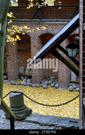 Old cannonballs and fallen leaves lie together in a mediaeval castle Stock Photo