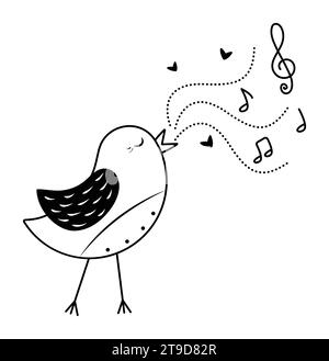 Black and white singing nightingale with notes, vector monochrome illustration for music lovers Stock Vector