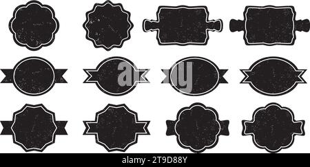 Set of grunge textured stickers, stickers or decorative vintage and retro frames. Wedding badge, sale or discount sticker, invitation card. Vector sym Stock Vector