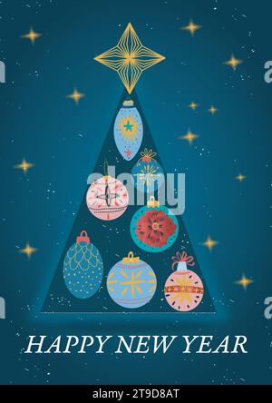 Christmas card resource with Christmas tree with Christmas balls in vector format. New year greeting card design with christmas tree. Christmas resour Stock Vector