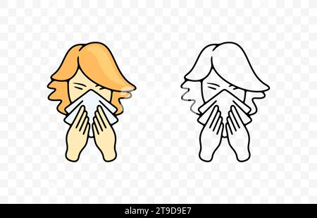 Sick woman blowing her nose or sneezing into handkerchief, graphic design. Disease, illness, sickness, virus and treatment, vector design Stock Vector