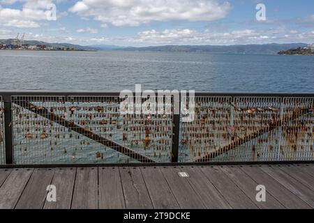 Love Locks on a fence facing the Wellington Harbor Stock Photo