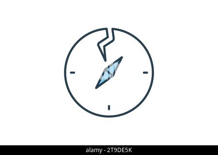 broken compass icon. confusion in navigation or decision-making. flat line icon style. simple vector design editable Stock Vector