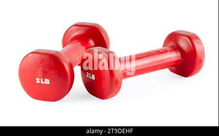 Two of red dumbbells, isolated on white background Stock Photo