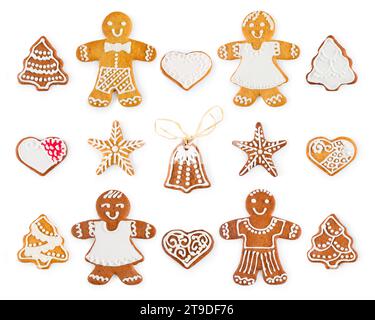 Set of Christmas gingerbread - sweet cookies in the form of holiday symbols and objects, isolated on white background Stock Photo