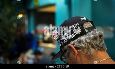 Ft. Lauderdale, Florida, USA. 24th Nov, 2023. LEEROY LEON wears a ''Fifty Years of Hip Hop'' hat while he waits for Radio-Active Records, a record store in Fort Lauderdale, Florida, to open on Friday, November 24, 2023. Record Store Day is an event started in 2007, in the early days of the vinyl record renaissance to promote local record stores. Recording artists release 100s of new titles on each Record Store Day, many exclusive to the event and music fans wait in line for stores to open. The event started with a date in April of each year and has added one on Black Friday as an Stock Photo
