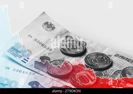 Background with  chart of falling Russian ruble price affected by economic sanctions Stock Photo