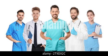 Happy medical nurses on white background, set of photos Stock Photo