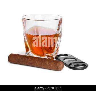 Glass of whiskey, cigar and cutter isolated on white Stock Photo