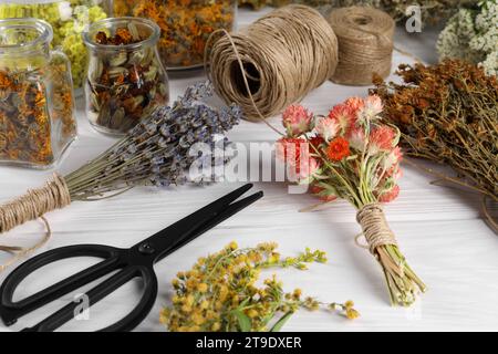 Different medicinal herbs, scissors and spools on white wooden table Stock Photo