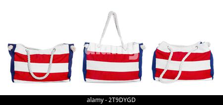 Striped beach bag isolated on white, set Stock Photo