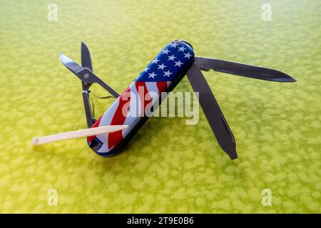 Close up of a Victoinox pocket knife with a Plastic Toothpick Stock Photo