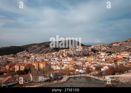 Panoramic view of the city of Cuenca at sunset from the viewpoint of the Museum of Palaeontology of Castilla-La Mancha. Stock Photo