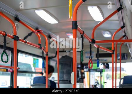 Interior view of the bus with hand grip, in Seoul, South Korea Stock Photo