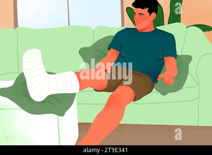 Man with cast on leg, illustration Stock Photo