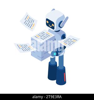 Flat 3d Isometric Ai Robot Carrying Stack of Paperwork. AI Artificial Intelligence Take Over Human Job and File Management Concept. Stock Vector