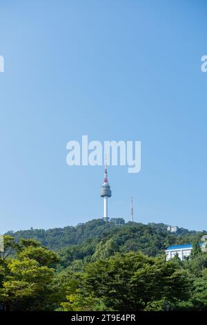 N Seoul Tower, also known as Namsan Tower or Seoul Tower, the landmark which is a communication and observation tower located on Nam Mountain in centr Stock Photo