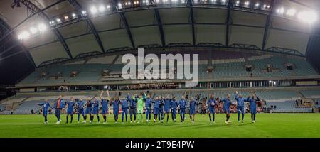 Players of Netherlands celebrate with fans  during UEFA Euro 2024 qualifying game between  national teams of Gibraltar and Netherlands, Estadio Algarv Stock Photo
