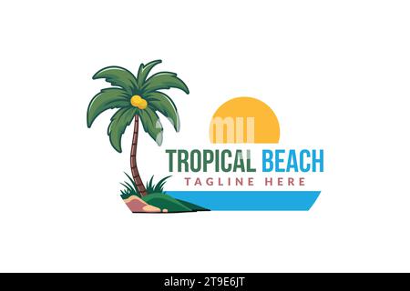 Tropical beach paradise summer travel vacation vector logo concept illustration with palm trees at sunset Stock Vector