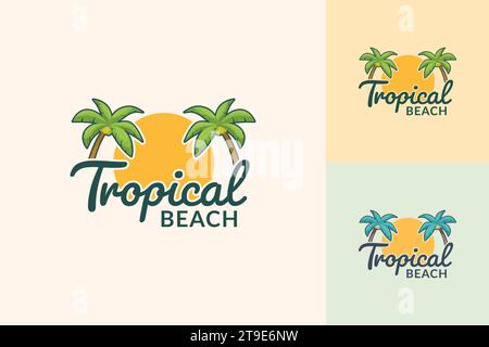 Tropical paradise emblem with two palm trees and sunset logo template vector illustration Stock Vector