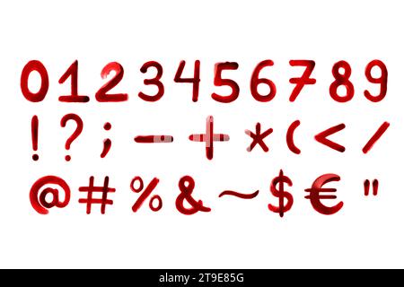 Bloody font. Numbers and symbols drawn with real red paint looking like blood isolated on white background. Graphic resources and design elements. Stock Photo