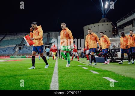 Players of Netherlands entering the pitch  during UEFA Euro 2024 qualifying game between  national teams of Gibraltar and Netherlands, Estadio Algarve Stock Photo