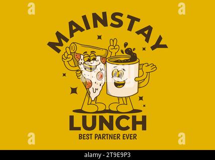 Mainstay lunch, best partner ever. Mascot character illustration of a coffee mug and a slice pizza Stock Vector