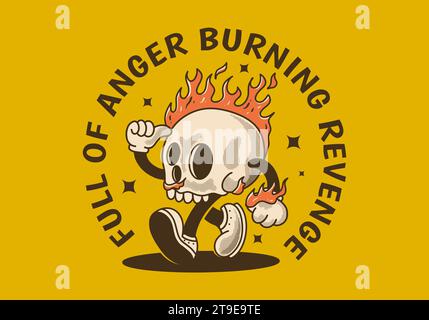 Full of anger, burning revenge. Vintage mascot character illustration of burning skull Stock Vector