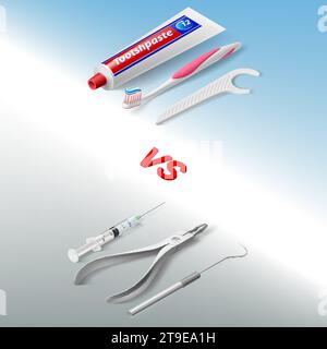 Basic Dentist Tools, and Instruments on Gray Background vs Oral Hygiene Individual Tools on Blue Background Stock Vector