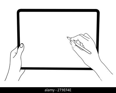 Hands draw on tablet with blank screen and pen. Stock Vector