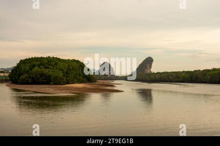 landscape of Mountain in Twilight time , Khao Khanab Nam mountain and river, Krabi city landmark, Thailand Stock Photo