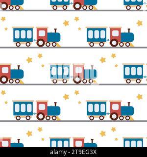 Baby steam locomotive seamless pattern. Railroad with trains background. Stars and transport print for boy textiles, packaging, kid clothing Stock Vector
