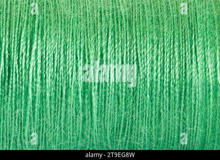 Threads sewing of green color, wound in spool, close-up macro view Stock Photo