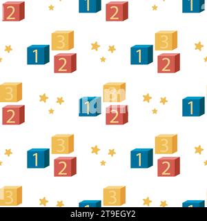 Baby game cubes with numbers seamless pattern. Background educational games for kids. Constructor cubes and stars print for baby textiles, wallpaper Stock Vector