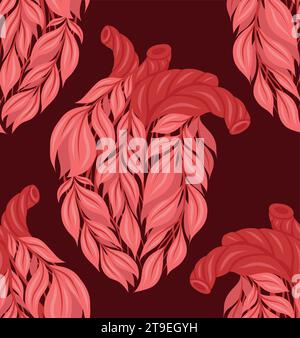 Vector seamless pattern with pink human hearts made of leaves on dark background. Healthy organ transplant. Eco friendly lifestyle texture for fabric Stock Vector