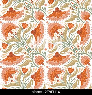 Vector folk art pattern with tracery floral ornaments in tile on white background. Decorative seamless texture with flowers and foliage Stock Vector