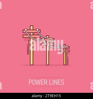 Vector cartoon high voltage power lines icon in comic style. Electric pole sign illustration pictogram. Power line business splash effect concept. Stock Vector