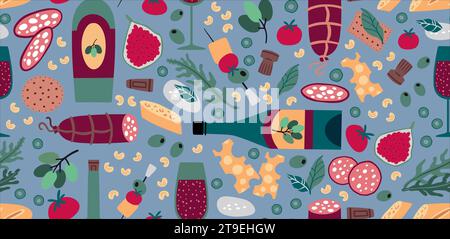 Wine pattern. Delicious food, cheese, grape and bottle, cork for festival of france, sausage and alcohol glass. Decor textile, wrapping paper, wallpap Stock Vector