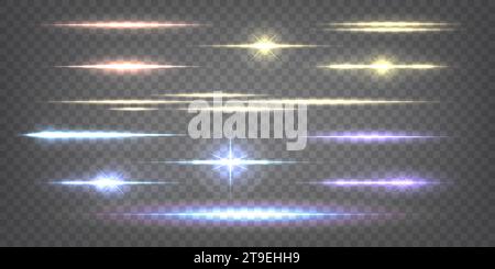 Light flares. Neon shine, glow, speed sparkle rays, blue streak or beam, bright luminous splashes. Blurred motion isolated on transparent background i Stock Vector
